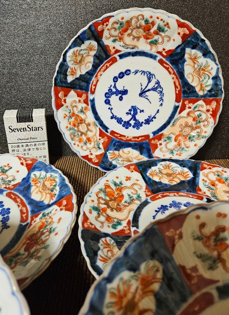 明治時代　古伊万里【肥蝶山製】錦手　サザエに兎の図　鎬造り　22.4cm皿　5客