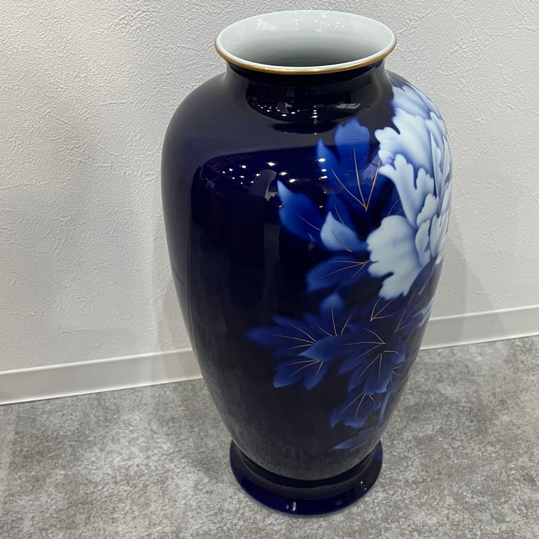 未使用 深川製磁 ルリ牡丹 花瓶 インテリア 細長１４号花生 金彩瑠璃 花器