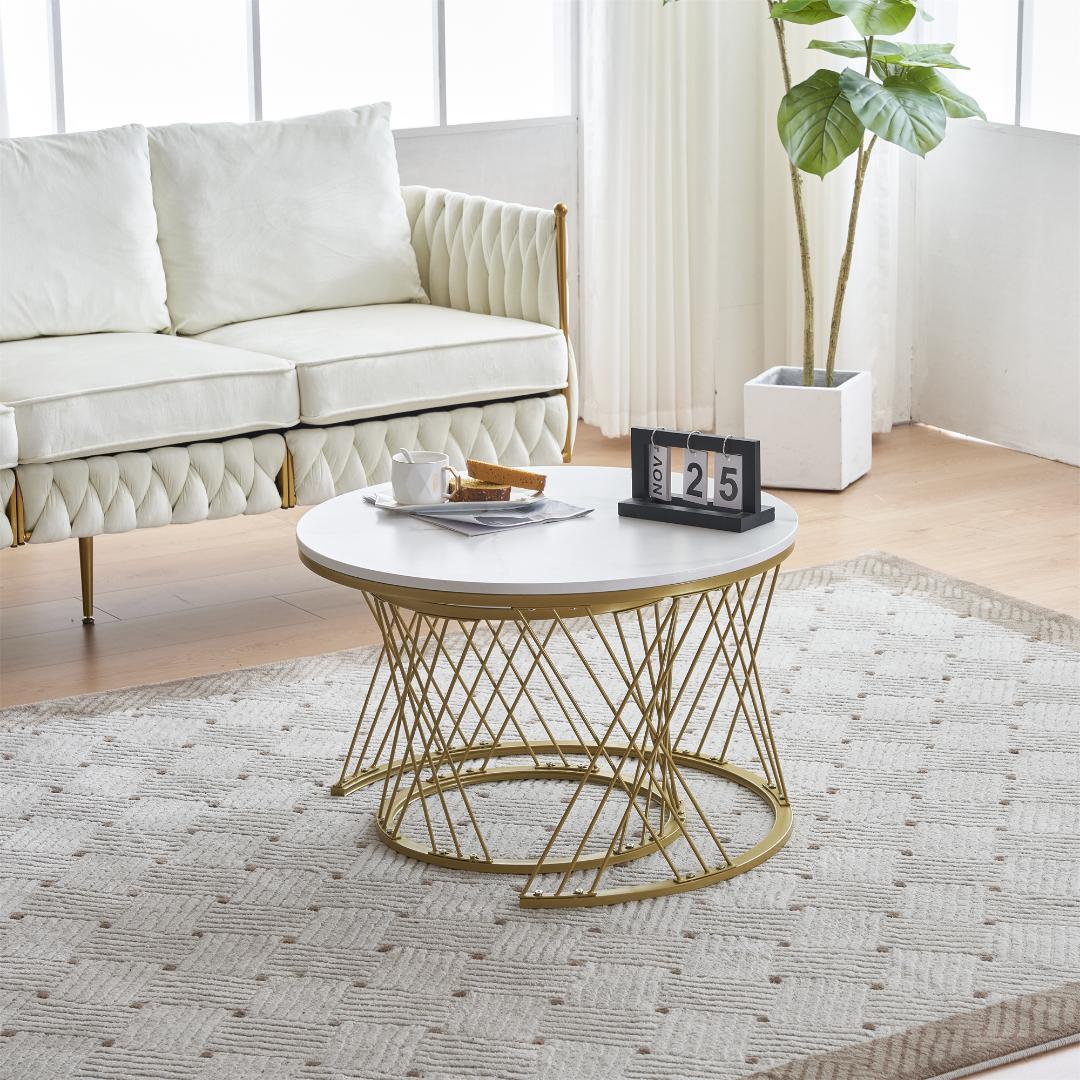 センターテーブル ネストテーブル ローテーブル【ホワイト＋ゴールド脚】