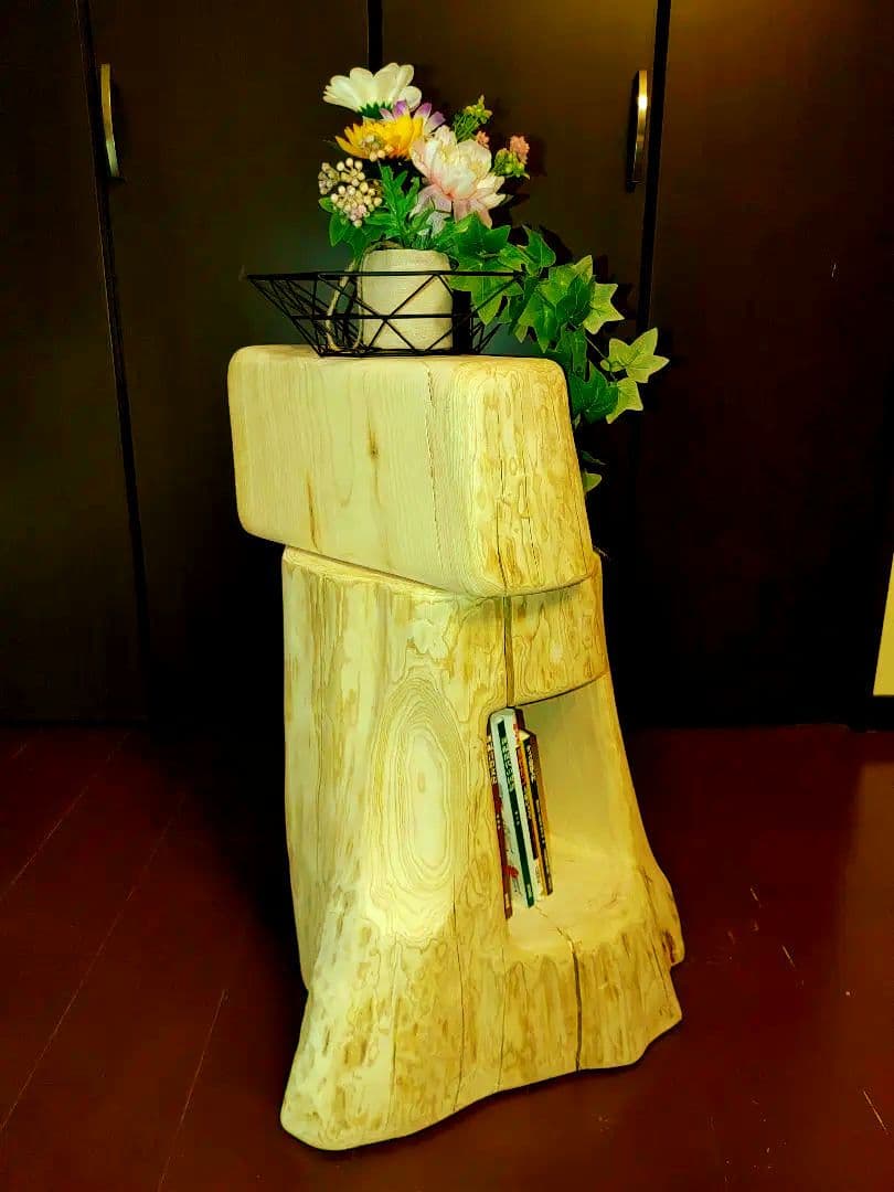 大型 切り株 ひのき くりぬき 親子 本立て 椅子 スツール テーブル高46cm