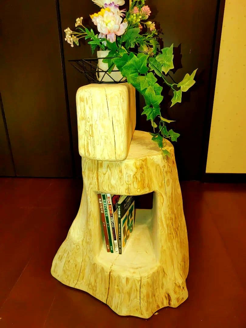 大型 切り株 ひのき くりぬき 親子 本立て 椅子 スツール テーブル高46cm