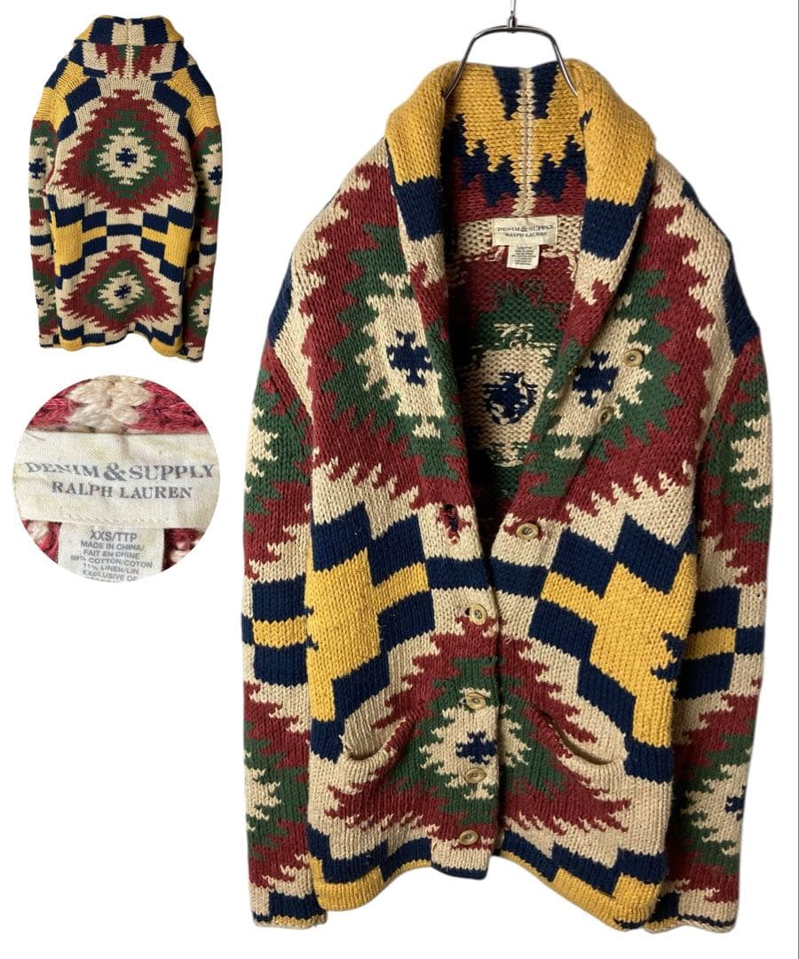 デニムアンドサプライラルフローレン ネイティブ柄ショールカラーニットカーディガン