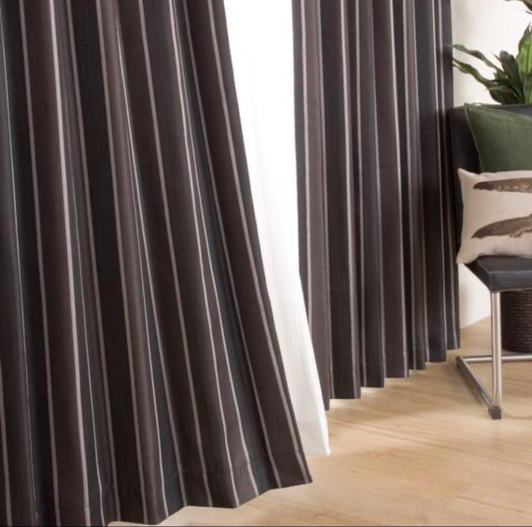 【ニトリ・美品】黒とグレーのストライプカーテン・レースセット【遮光2級】