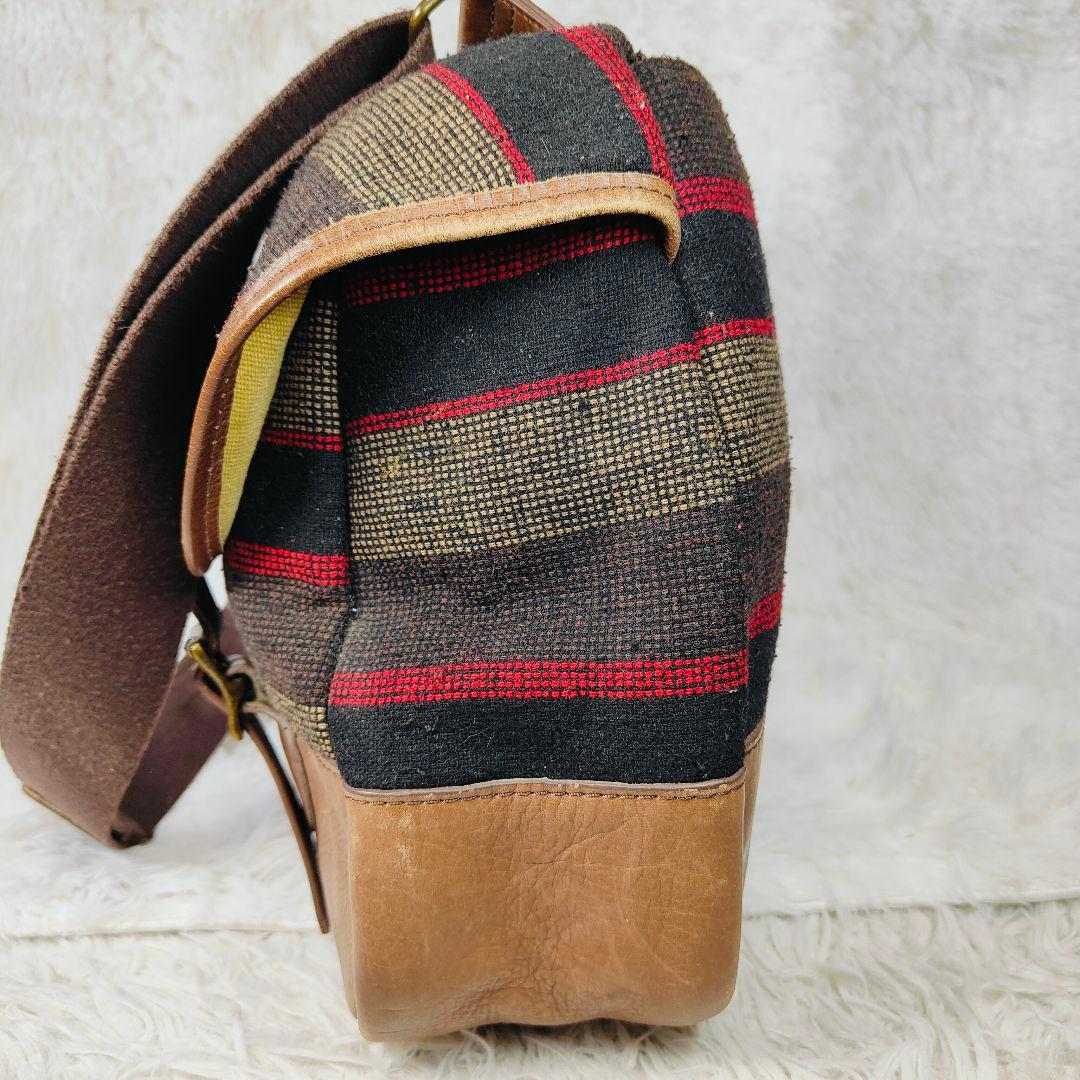 エルエルビーン 90年代ツイードレザー メッセンジャーバッグ　茶　ボーダー