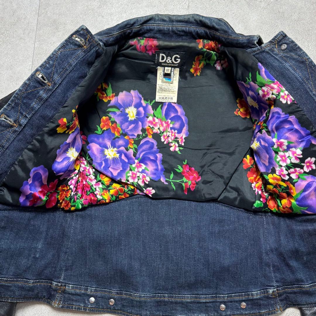 D&G 花柄 本革 デニム ライダース レザー ジャケット