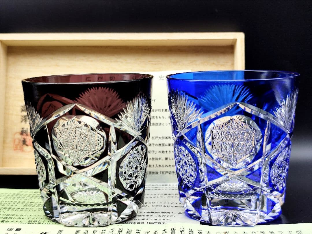 未使用☆江戸切子 瀧澤利夫 ペアロックグラス（切子、江戸切子、薩摩切子）