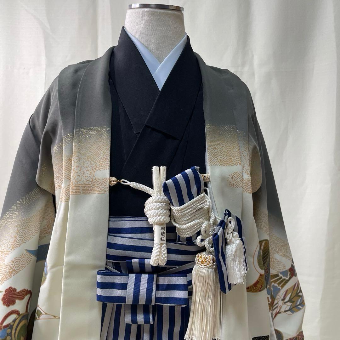 ☆白地にグレー鷹が伝統柄☆七五三　男の子　５歳着物セット
