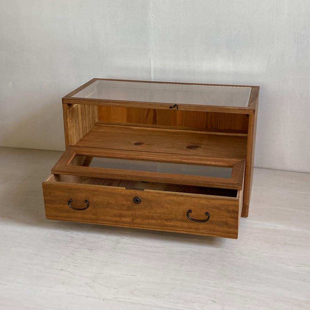 古い木製 引き出し付き ガラスケース ショーケース ガラス戸棚 木製棚