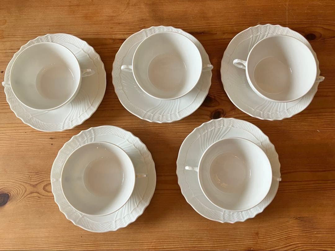 ジノリ　ベッキオホワイト　ダブルハンドルスープカップ&ソーサー×5