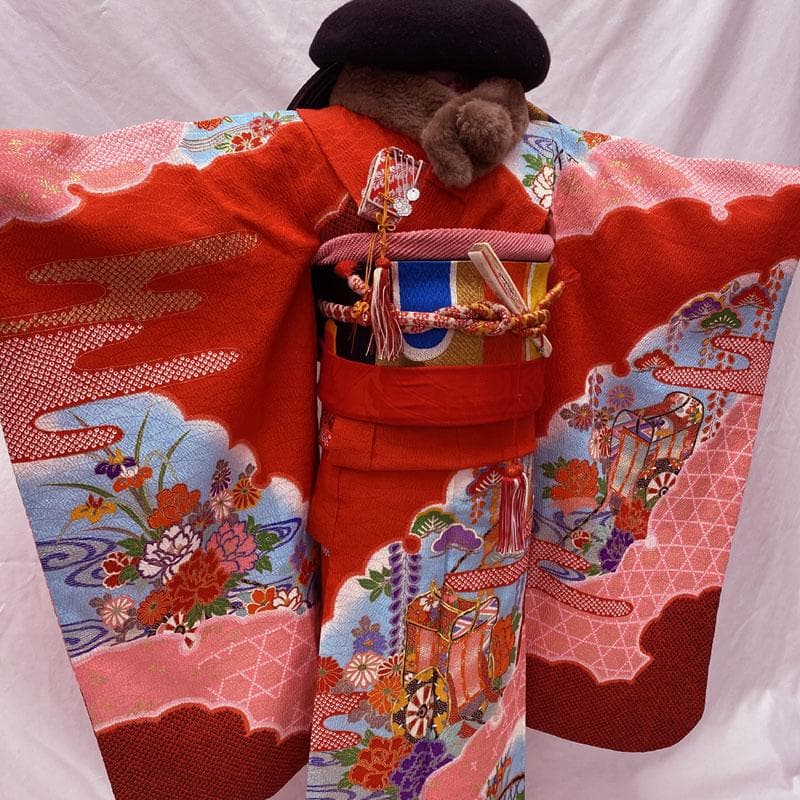 505ag6◎七五三 七歳 女児 着物&袋帯 総絞り風 金駒刺繍 雪輪 赤◎