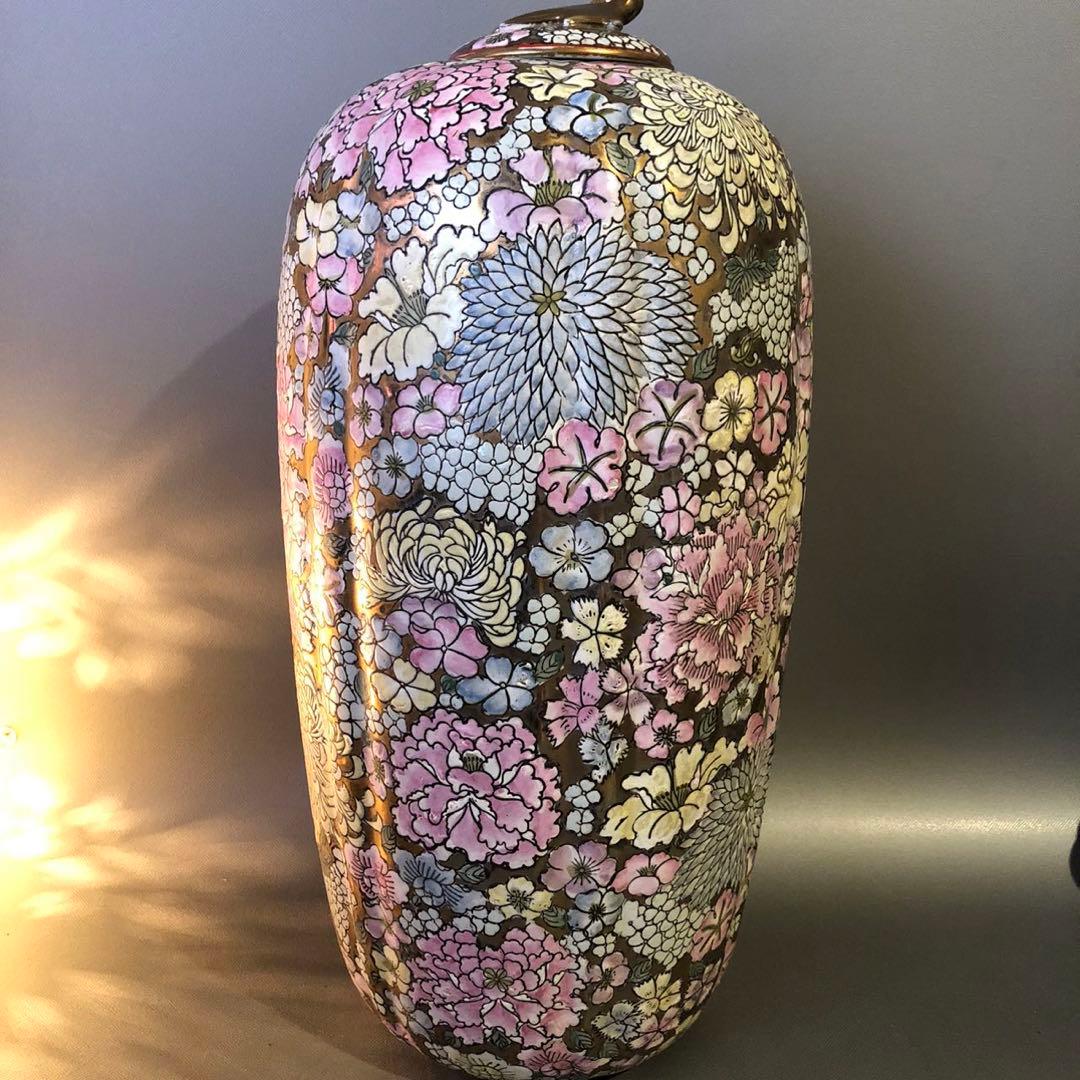N342、花詰 中国様 中国美術 花器飾り壺 本金彩 豪華な蓋付大花瓶