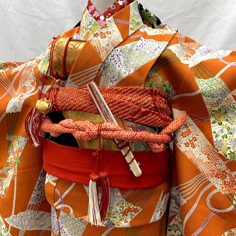 512ag33□七五三 七歳 女児 着物&袋帯 ちりめん地 扇 オレンジ□美品