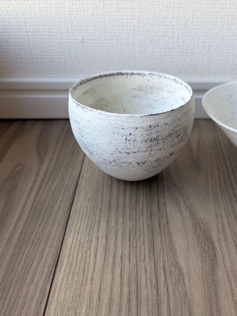 新品　二階堂明弘　焼き締め　三角鉢　丸カップ　白　希少　平鉢　小鉢　丸椀　お椀