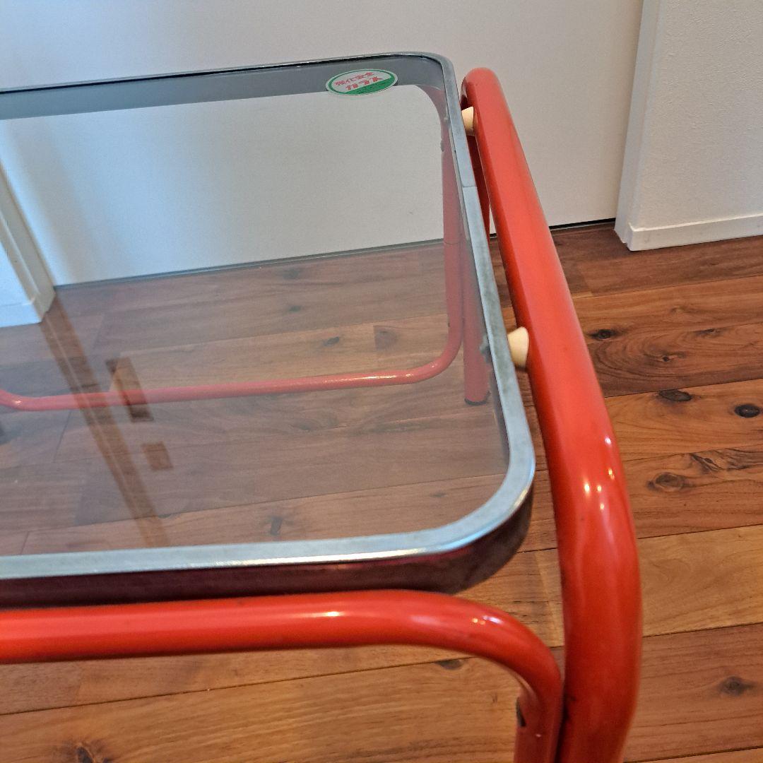 昭和レトロ　ミッドセンチュリー　ガラスアイアンテーブル　赤 強化ガラス天板