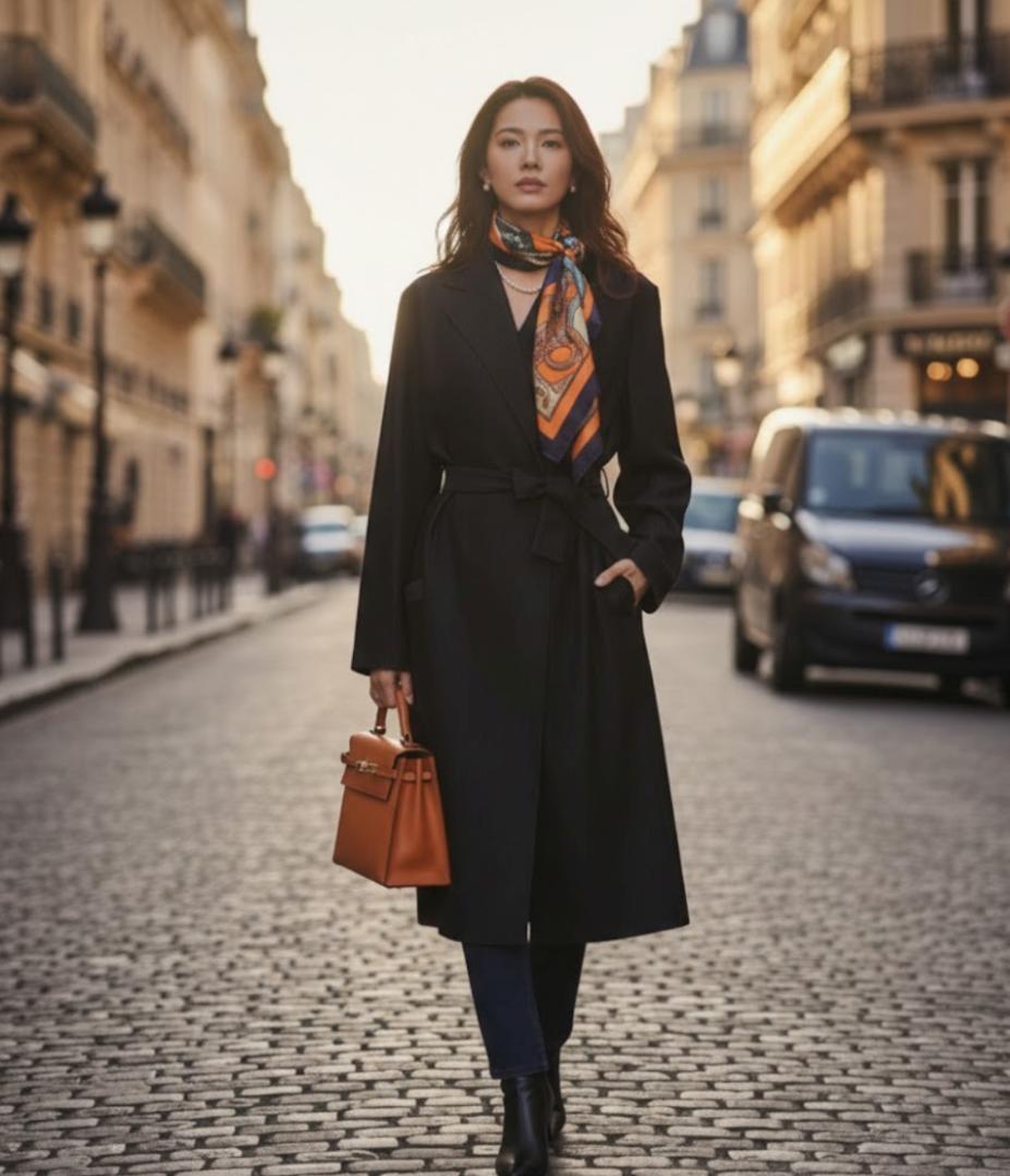 極美品★HERMES★シルク★ダブルフェイス★刺繍ライン★ベルト★コート