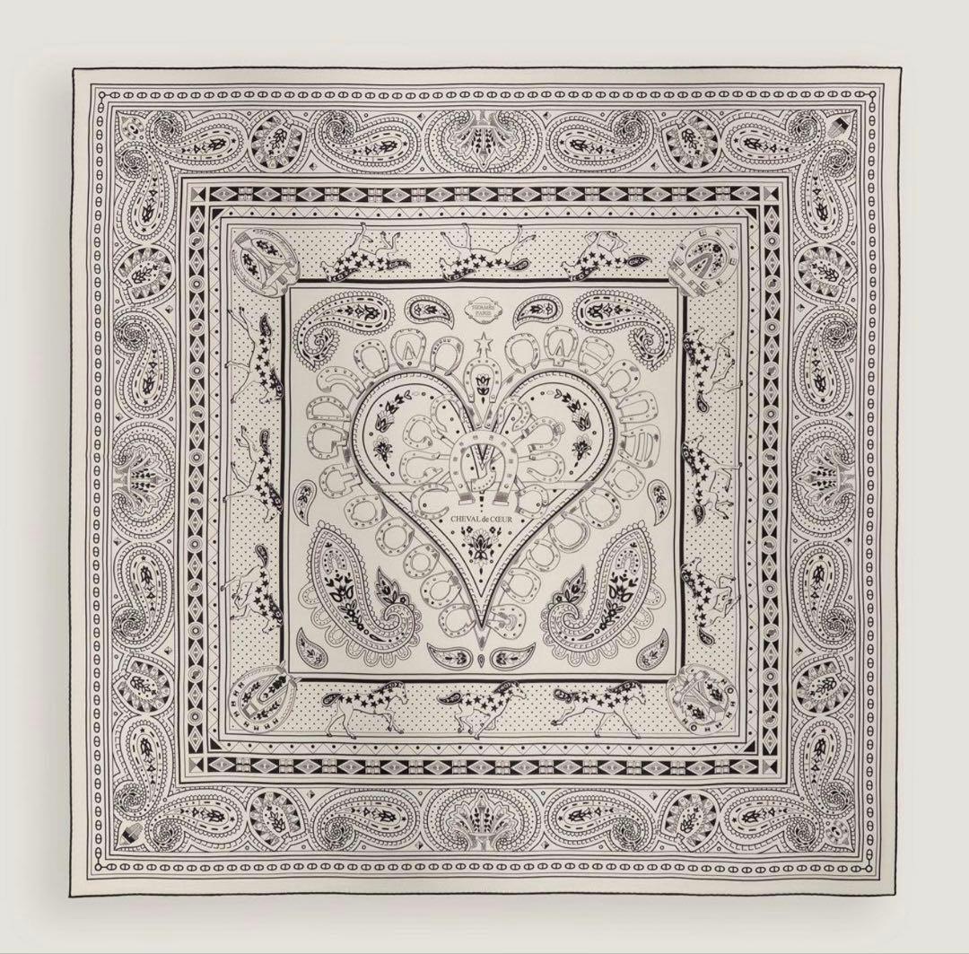 新品　2025AW　エルメス　カシシル140　シュヴァルドゥクールバンダナ白黒