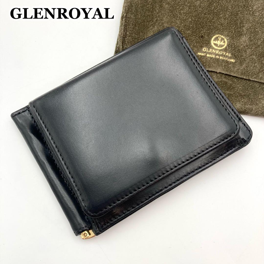 もち✨ グレンロイヤル マネークリップ 二つ折り財布 黒×金 レザー ロゴ