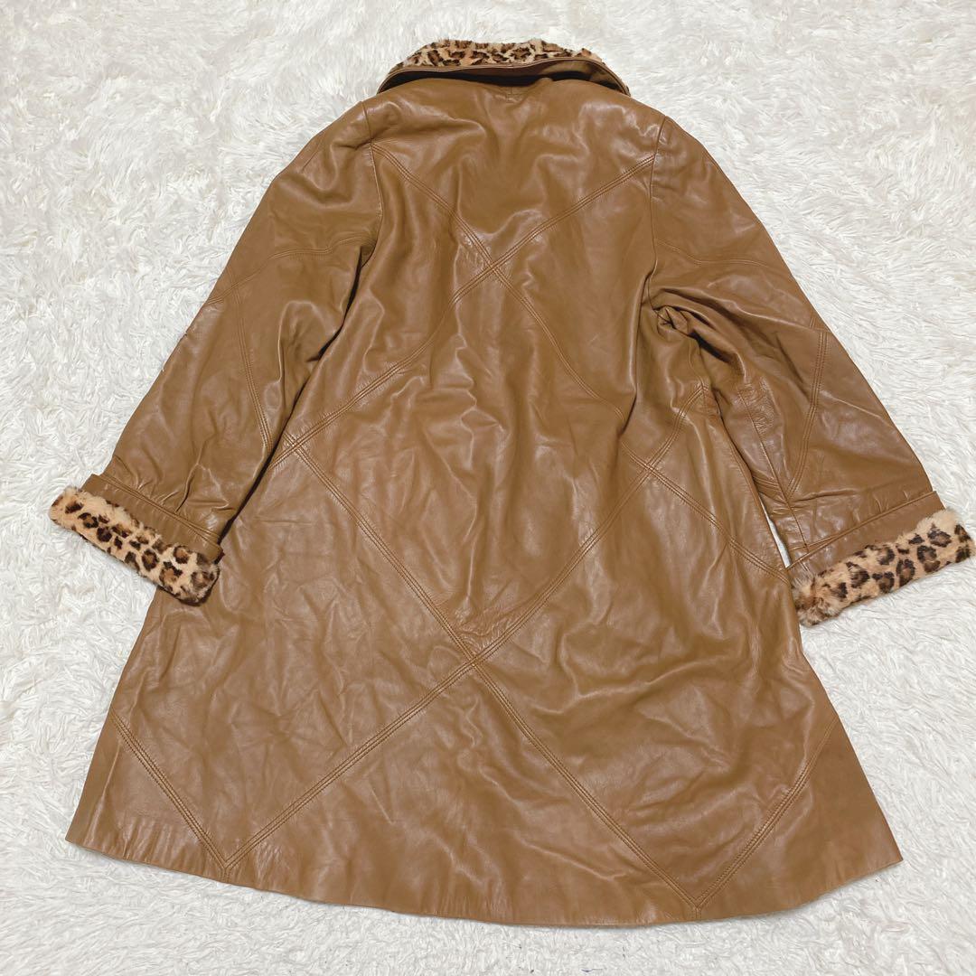 a2003【レイアン】本革 ロングコート レオパード LL フレア スペイン製