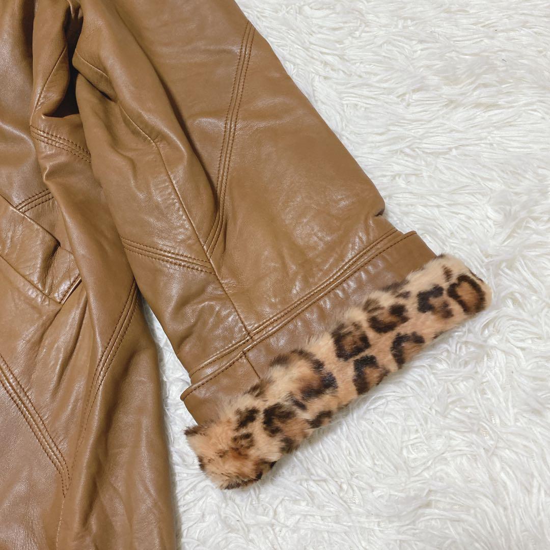 a2003【レイアン】本革 ロングコート レオパード LL フレア スペイン製