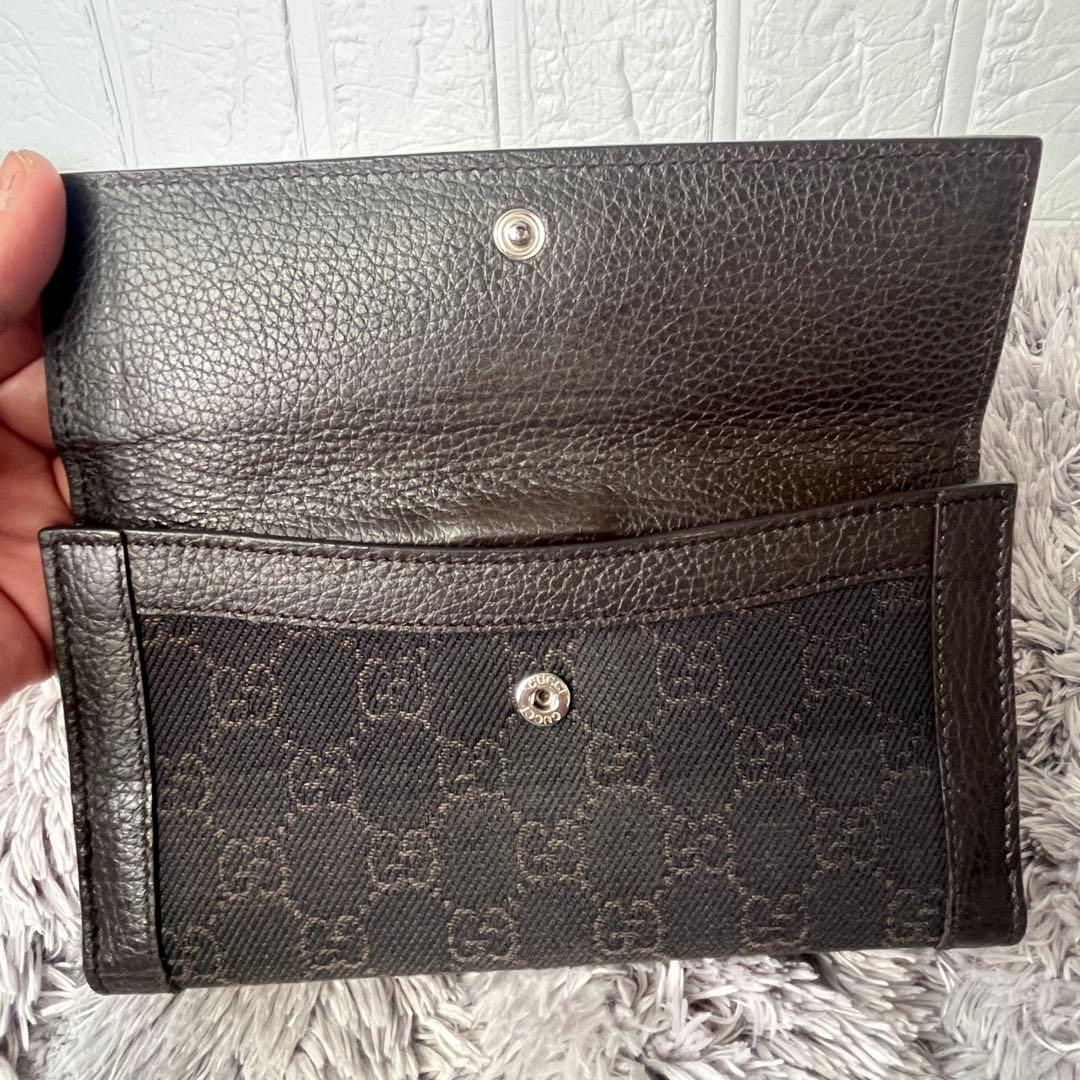 良品✨GUCCI シルバーロゴ　GGキャンバス ダークブラウン　シボレザー　財布