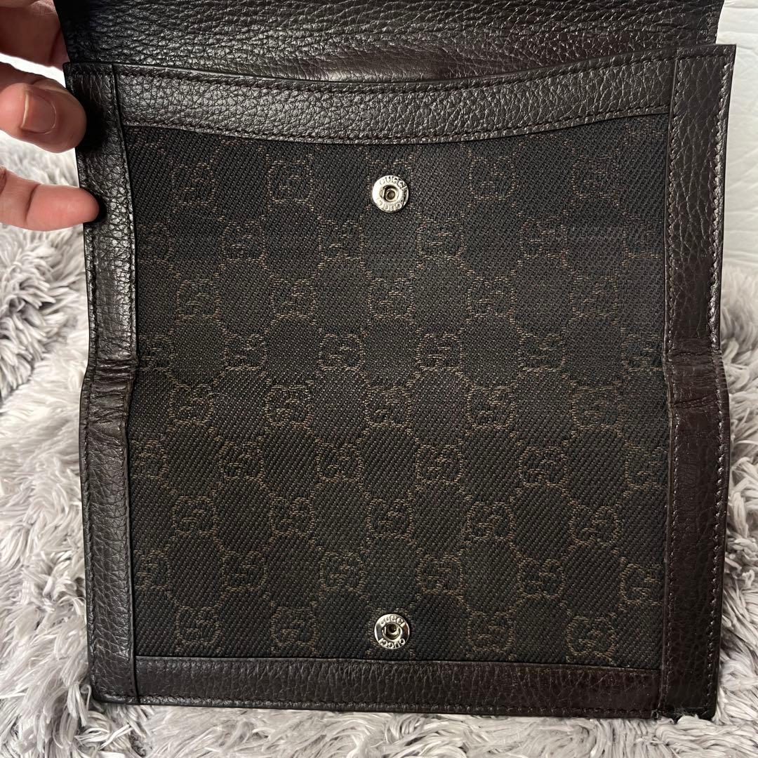 良品✨GUCCI シルバーロゴ　GGキャンバス ダークブラウン　シボレザー　財布