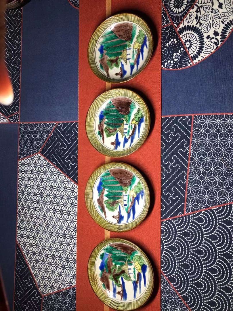 吉田屋窯　青九谷　古九谷　九谷焼　青手　豆皿　鑑賞陶器　蔵出し　角福　4客