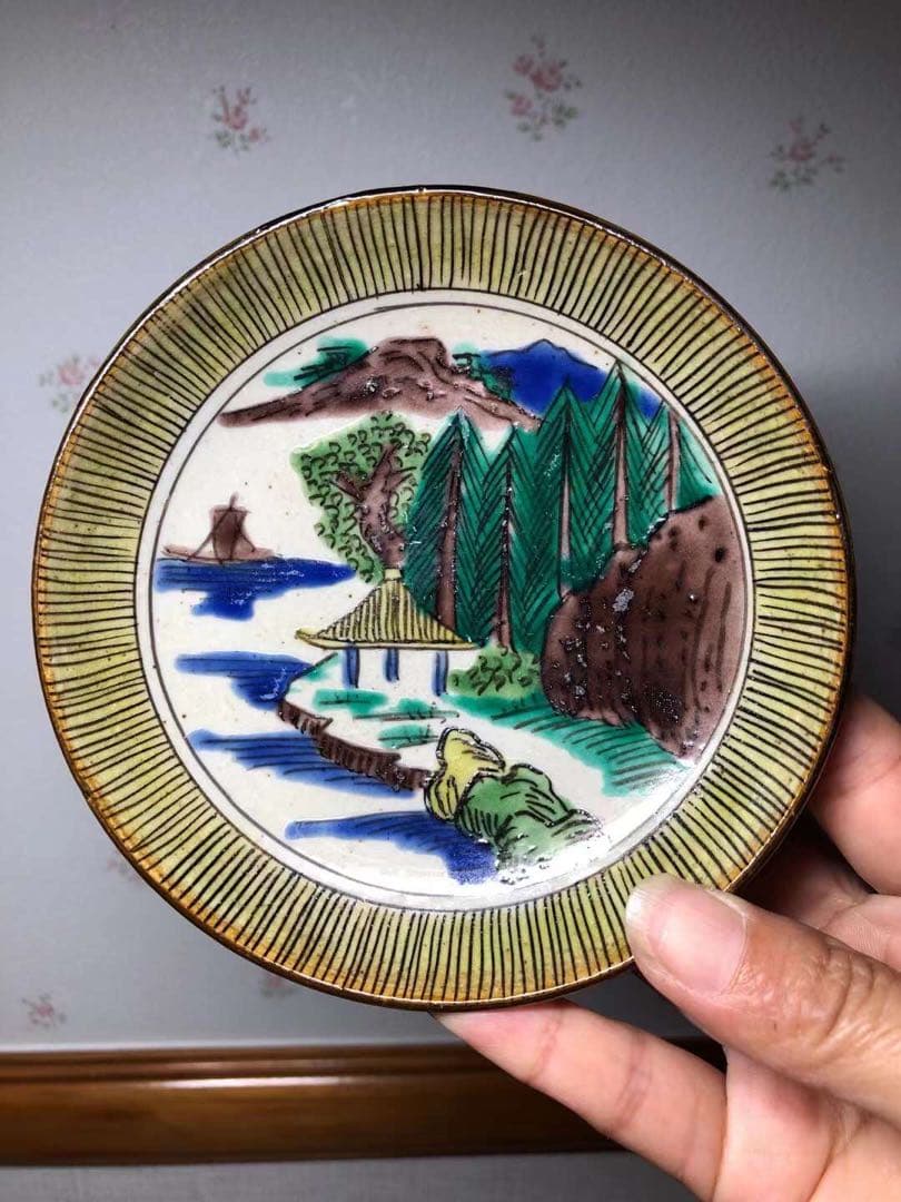 吉田屋窯　青九谷　古九谷　九谷焼　青手　豆皿　鑑賞陶器　蔵出し　角福　4客