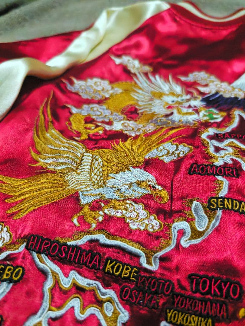 華鳥風月 美品 ２面用 日本限定 虎龍ワシ スカジャン 100%silk