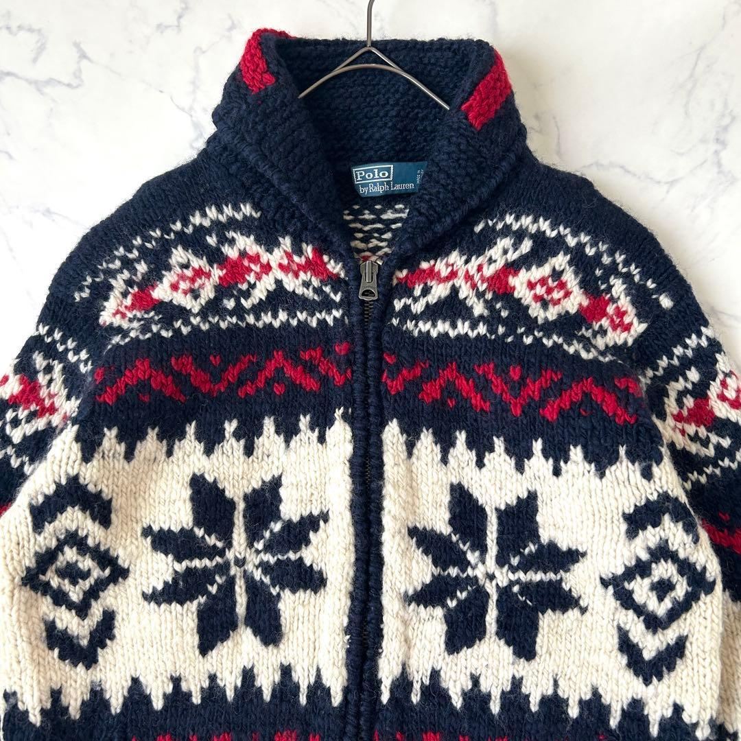 希少デザイン ラルフローレン カウチンニット 星条旗 カーディガン ジップアップ
