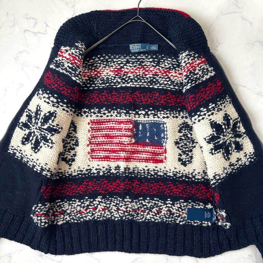 希少デザイン ラルフローレン カウチンニット 星条旗 カーディガン ジップアップ