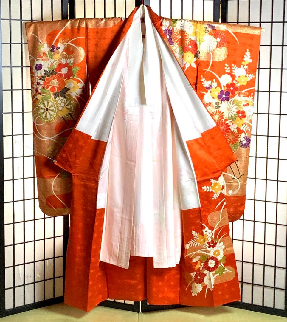 s*m様 【美品】振袖　正絹100% 5点　フルセット　身丈159cm 花車　橙