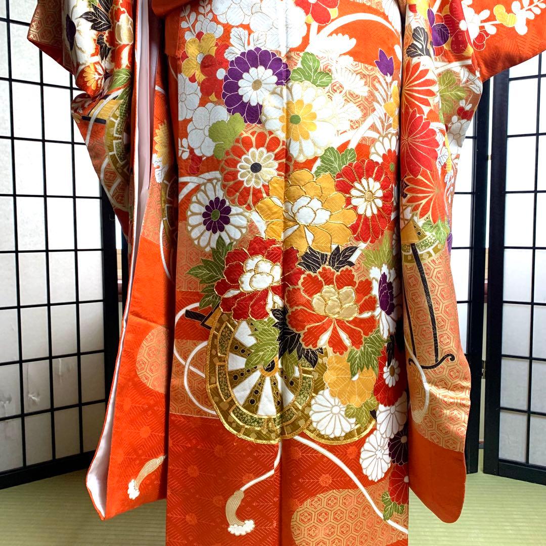 s*m様 【美品】振袖　正絹100% 5点　フルセット　身丈159cm 花車　橙