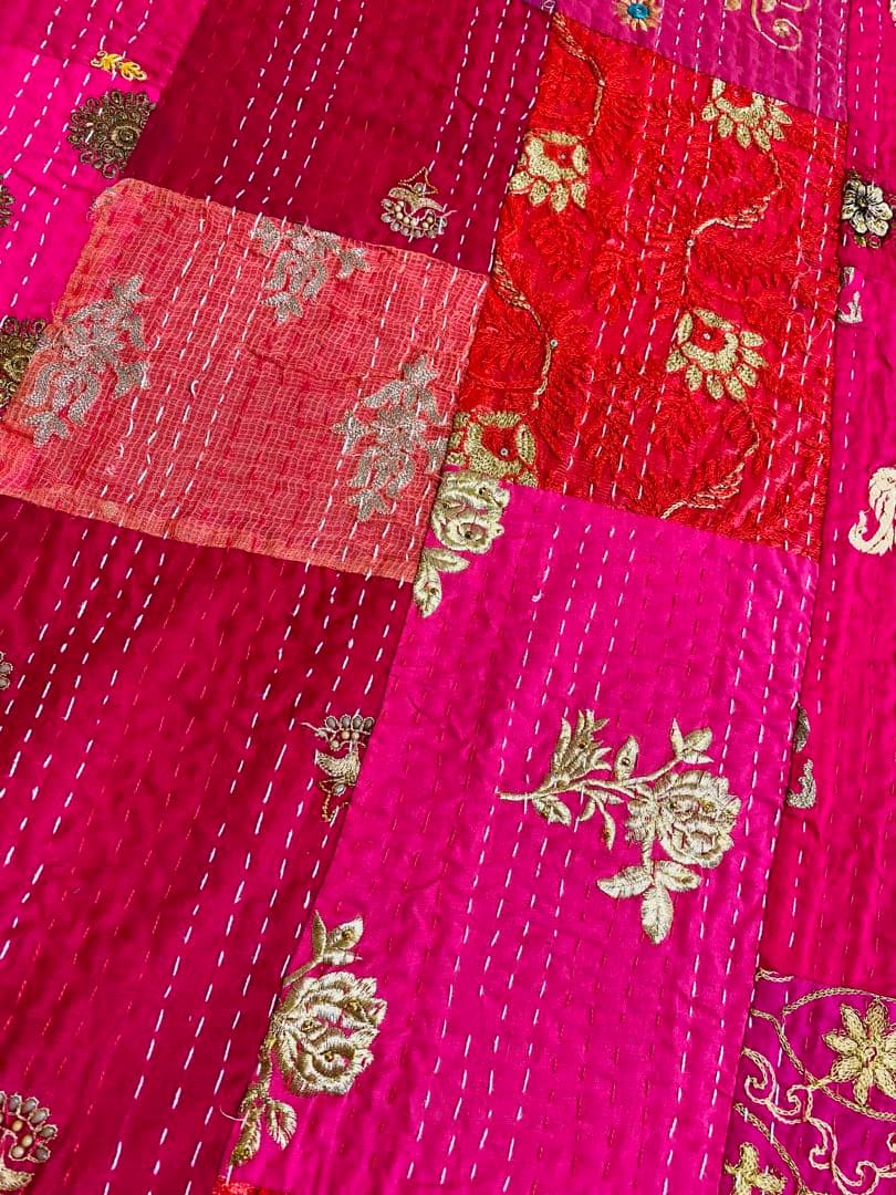 インド製 直輸入カンタキルト パッチワーク マルチカバー ピンク系