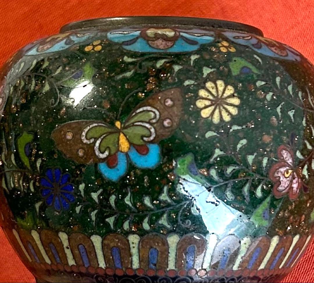 香炉 鳳凰蝶草花文・菊文三つ足有線七宝香炉 香道具 御茶道具 明治時代から伝わる