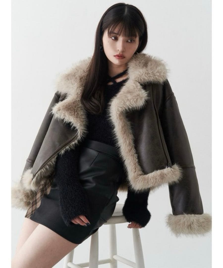 MURUA アンイーブンショートフェイクムートンジャケット ブラウン