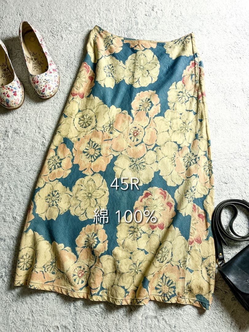 【45R】綿100% フラワープリント インディゴAラインロングスカート 2