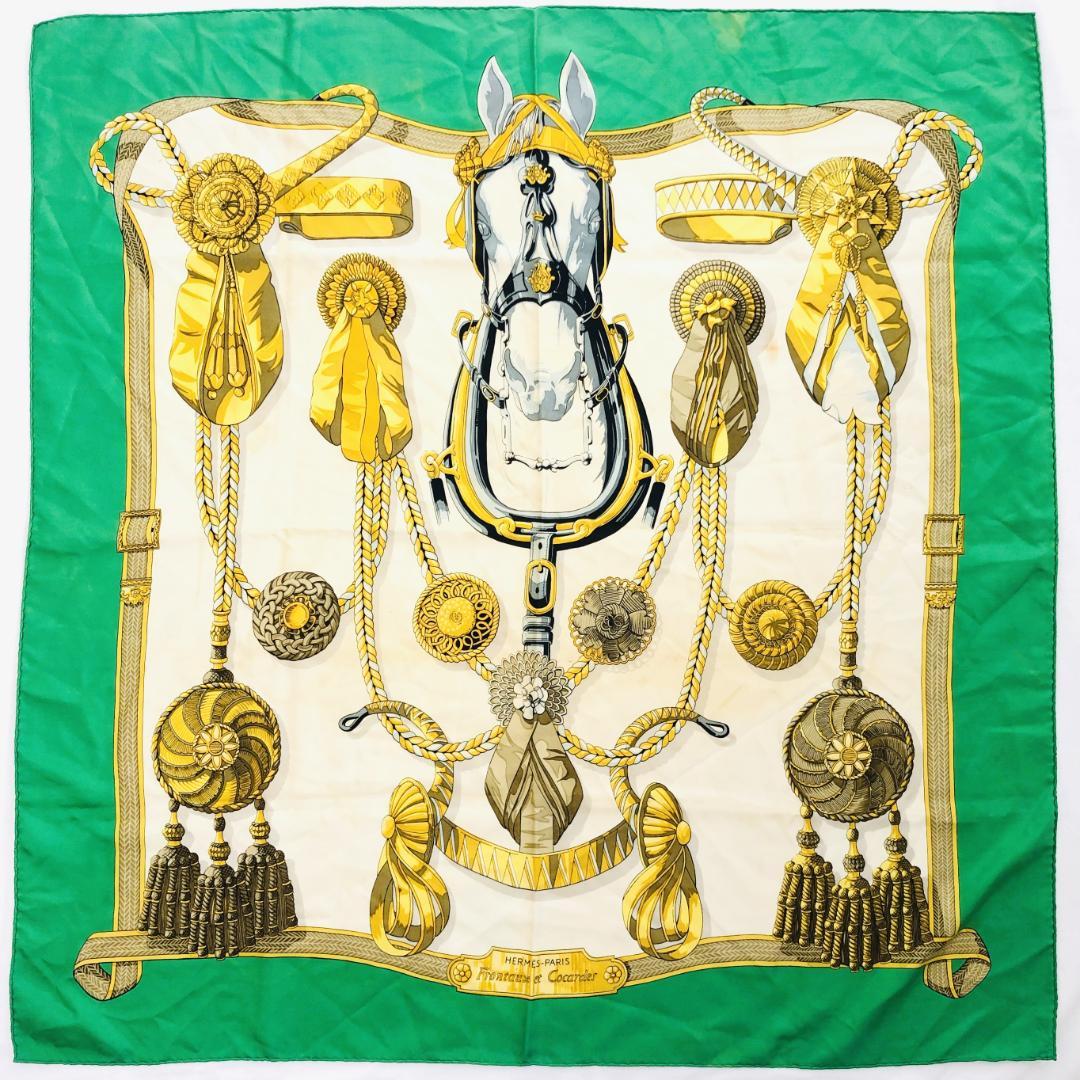HERMES エルメス カレ90 頭絡とコカルド グリーン系 スカーフ タグあり
