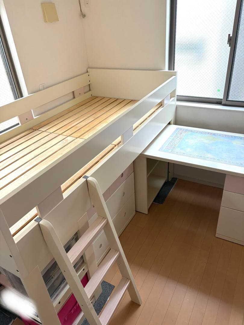 ホワイトロフトベッド デスク付き シングルサイズ
