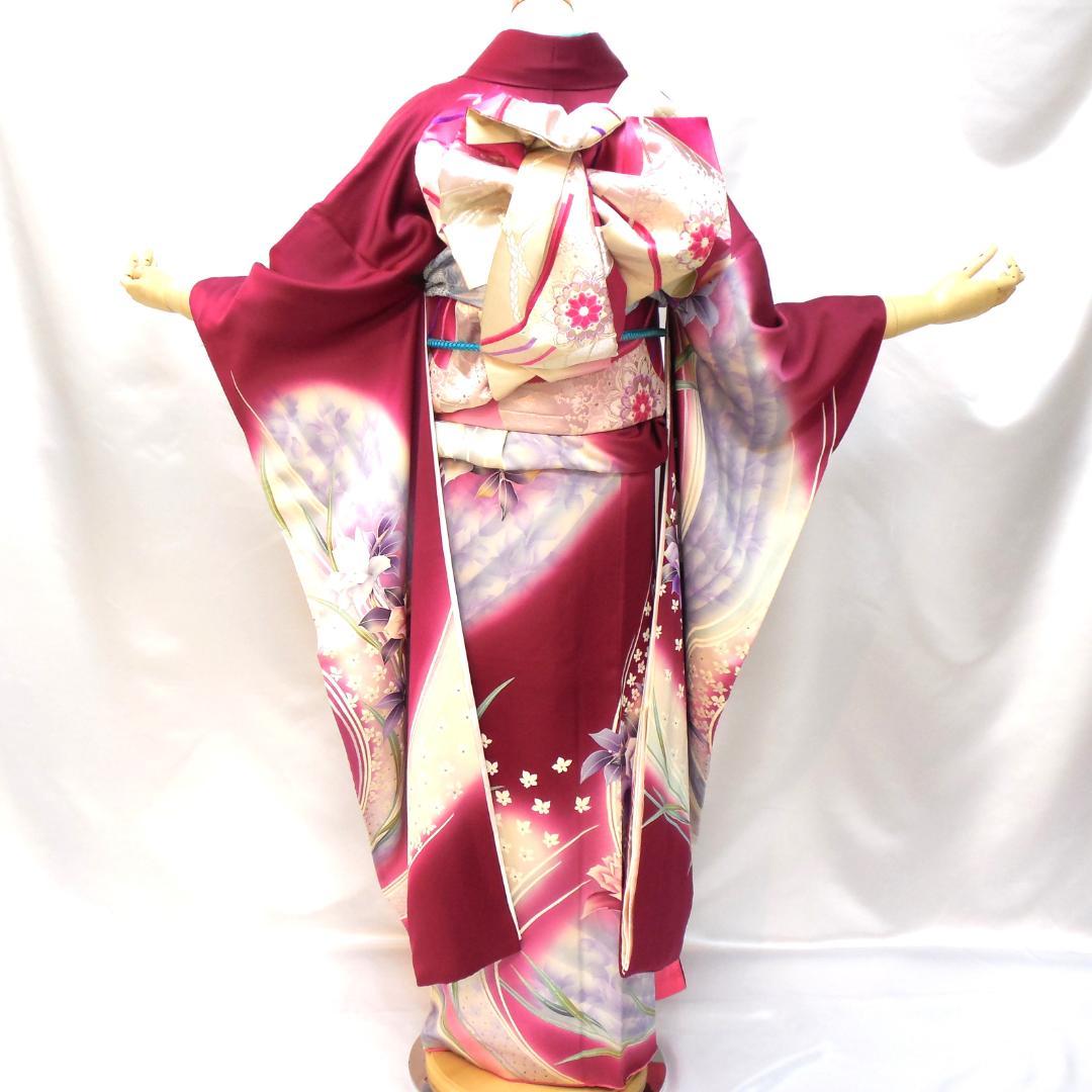 美品★振袖フルセット　正絹　成人式　振袖　7点セット　Mサイズ　レッド系　花柄