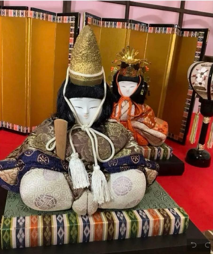 【木目込み人形】 雛飾りセット ①親王飾り② 木製親王台③小型屏風④小型ぼんぼり