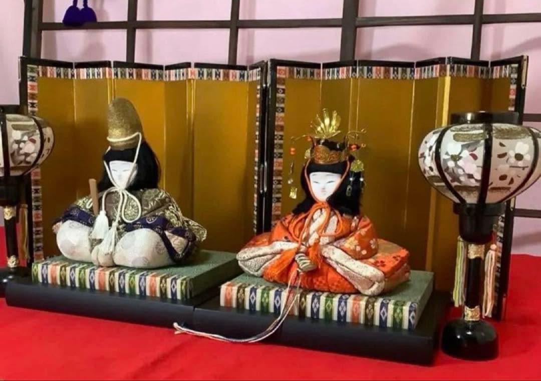 【木目込み人形】 雛飾りセット ①親王飾り② 木製親王台③小型屏風④小型ぼんぼり