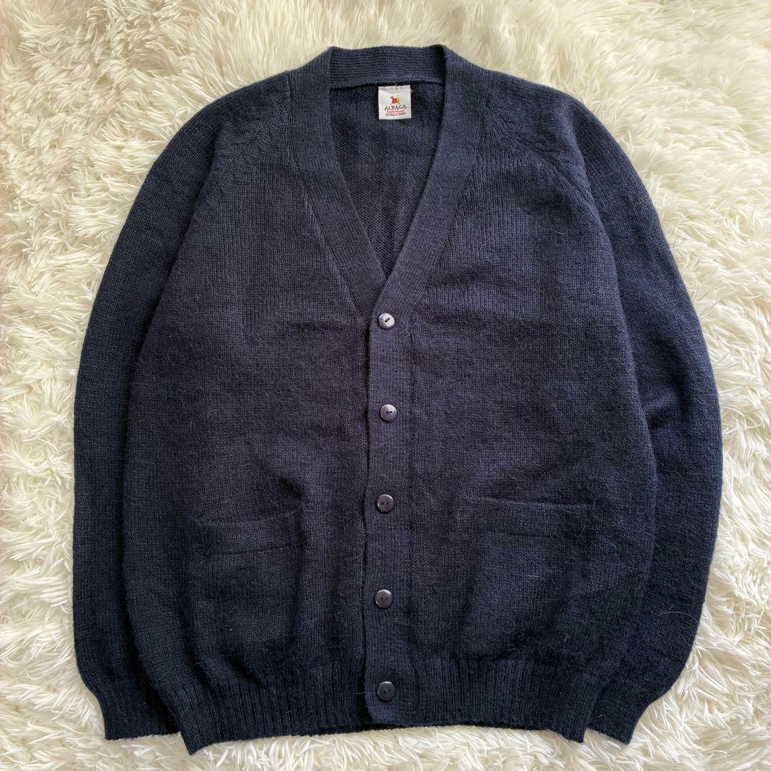 希少✨アルパカ100%カーディガン 紺 南米 ペルー製 L ヴィンテージ モヘヤ