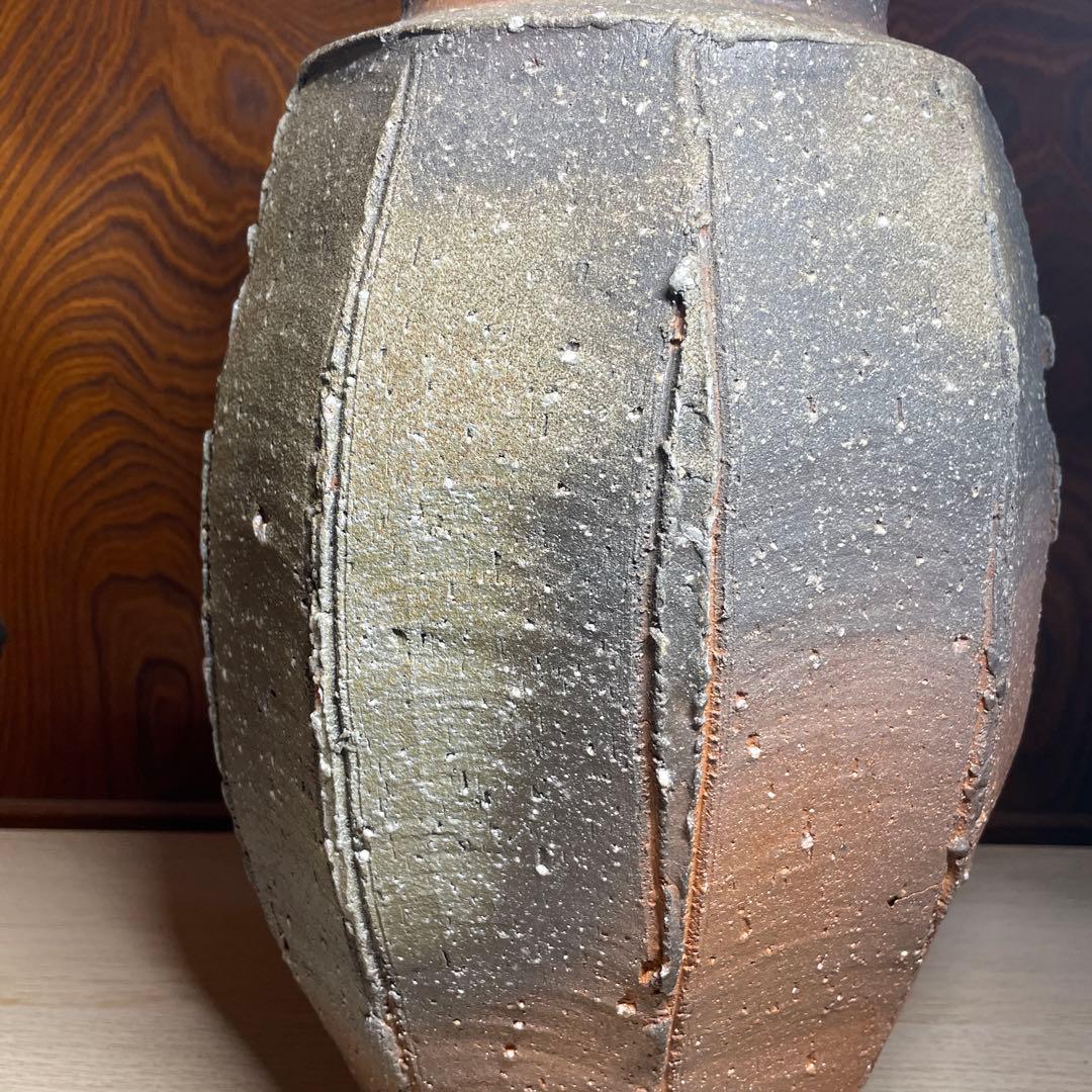 特大優品　人気陶芸家　神山清子　信楽自然釉面取花入　共箱