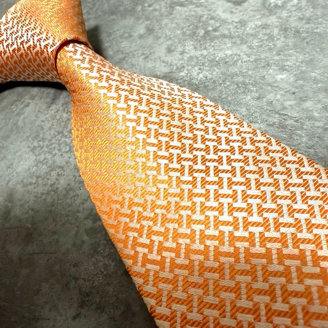 【✨極美品✨】 HERMES エルメス ネクタイ オレンジ H柄 ファソネ 光沢