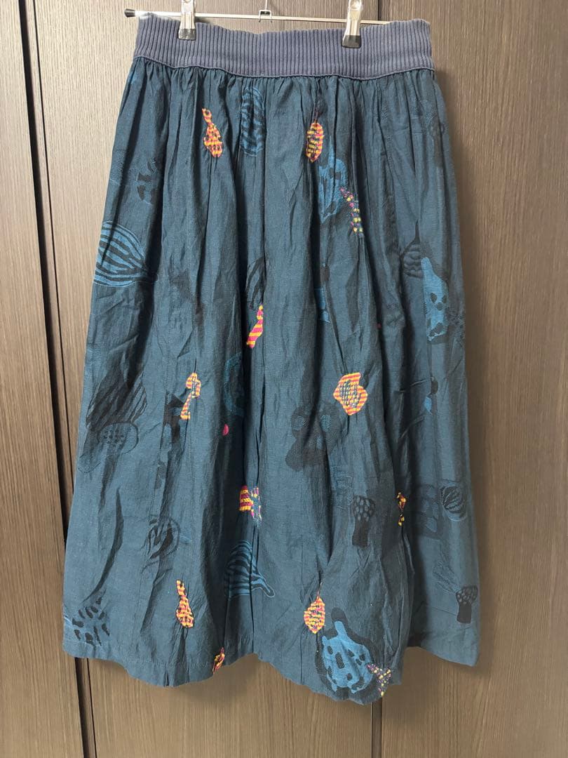 【N様】M.&KYOKO 刺繍入り フレアスカート 紺 ネイビー ゴムウエスト