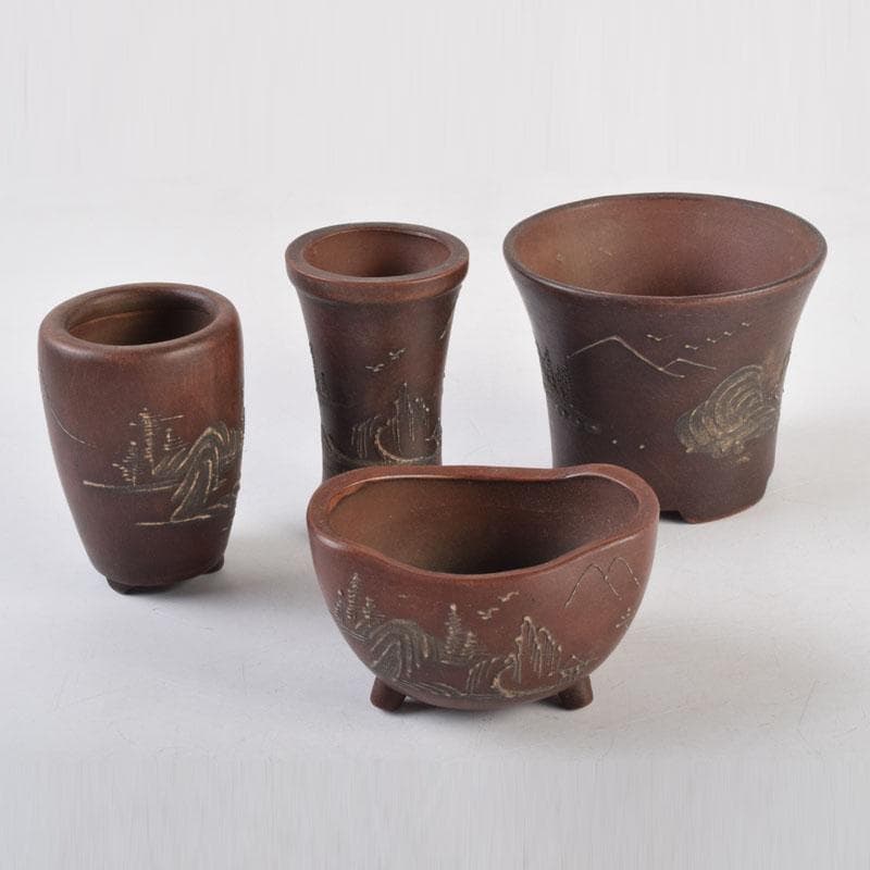 中国　鎧画軒　朱泥　漢詩山水文　鉢　4点まとめて　V　8948