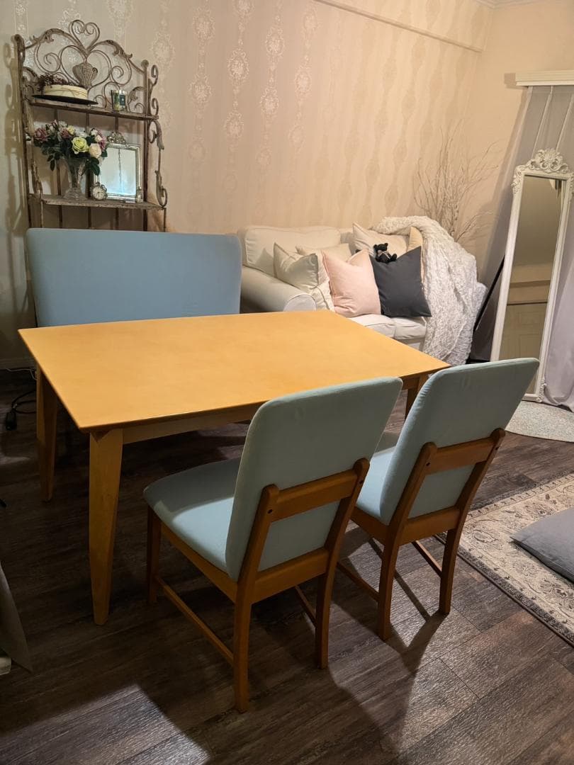 【引取限定】北欧風ダイニング4点セット テーブル ベンチ 椅子2脚【岡山】