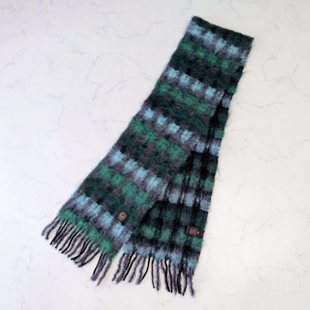 美品 マンタスエスカレイ チェック マフラー チェック グリーン ウール モヘア