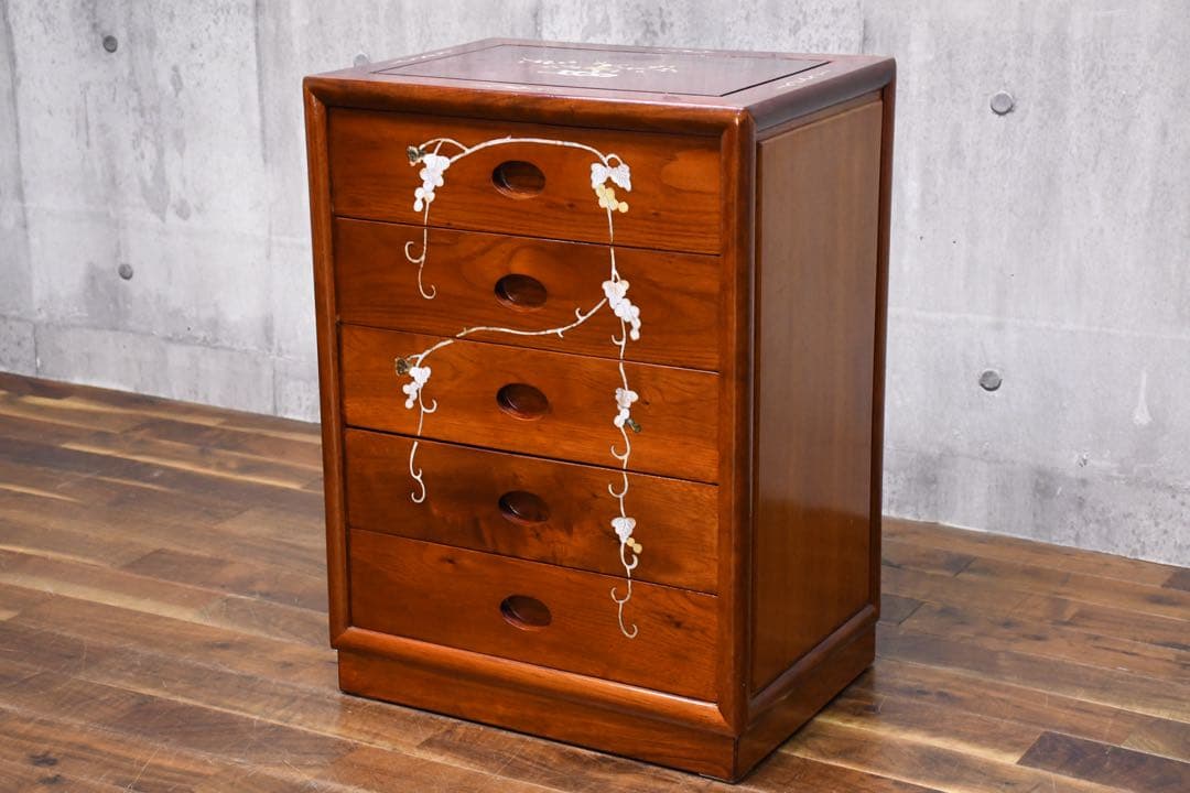 EHK79 唐木 カリン/花梨 無垢材 螺鈿細工 5段チェスト 葡萄模様 抽斗