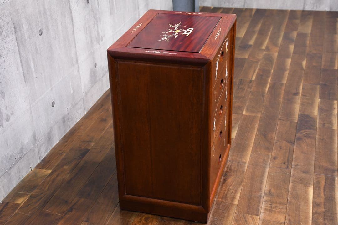 EHK79 唐木 カリン/花梨 無垢材 螺鈿細工 5段チェスト 葡萄模様 抽斗